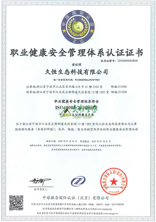 南京六合职业健康安全管理体系ISO45001证书